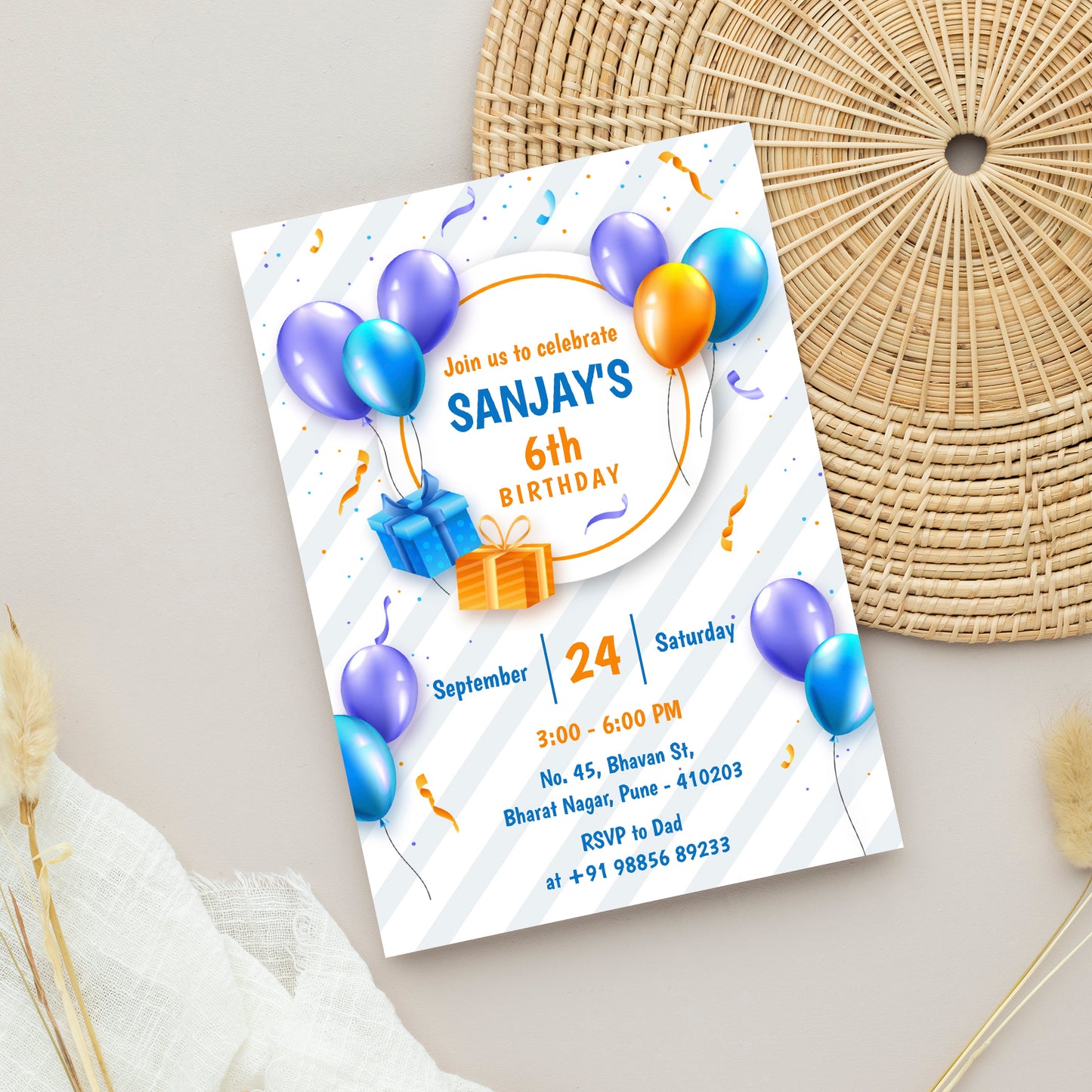 Blue Balloon Birthday Invitation Template, Printable Invitation, Boy Birthday, Evite, Digital Invite, Edit yourself Corjil - FP0043