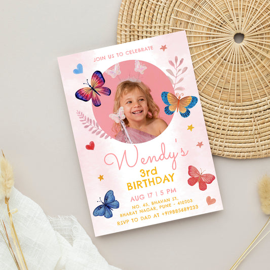 Butterfly Photo Birthday Invitation Template, Printable Photo Invitation, Girl Birthday, Evite, Digital Invite, Edit yourself Corjil - FP0005