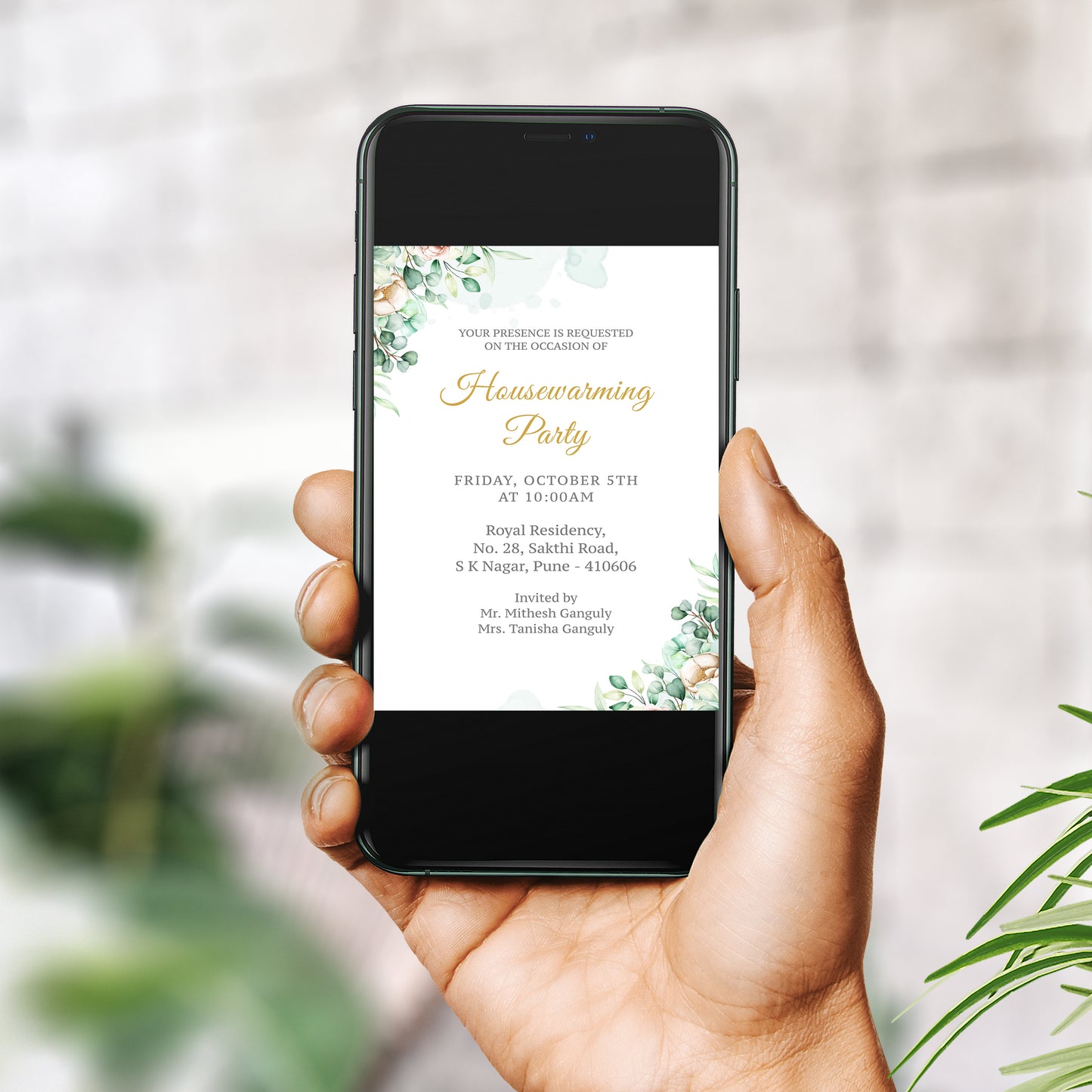 Green Floral House Warming Invitation Template, Printable Invitation, Evite, Digital Housewarming Invite, Edit yourself, Corjl – HW0008