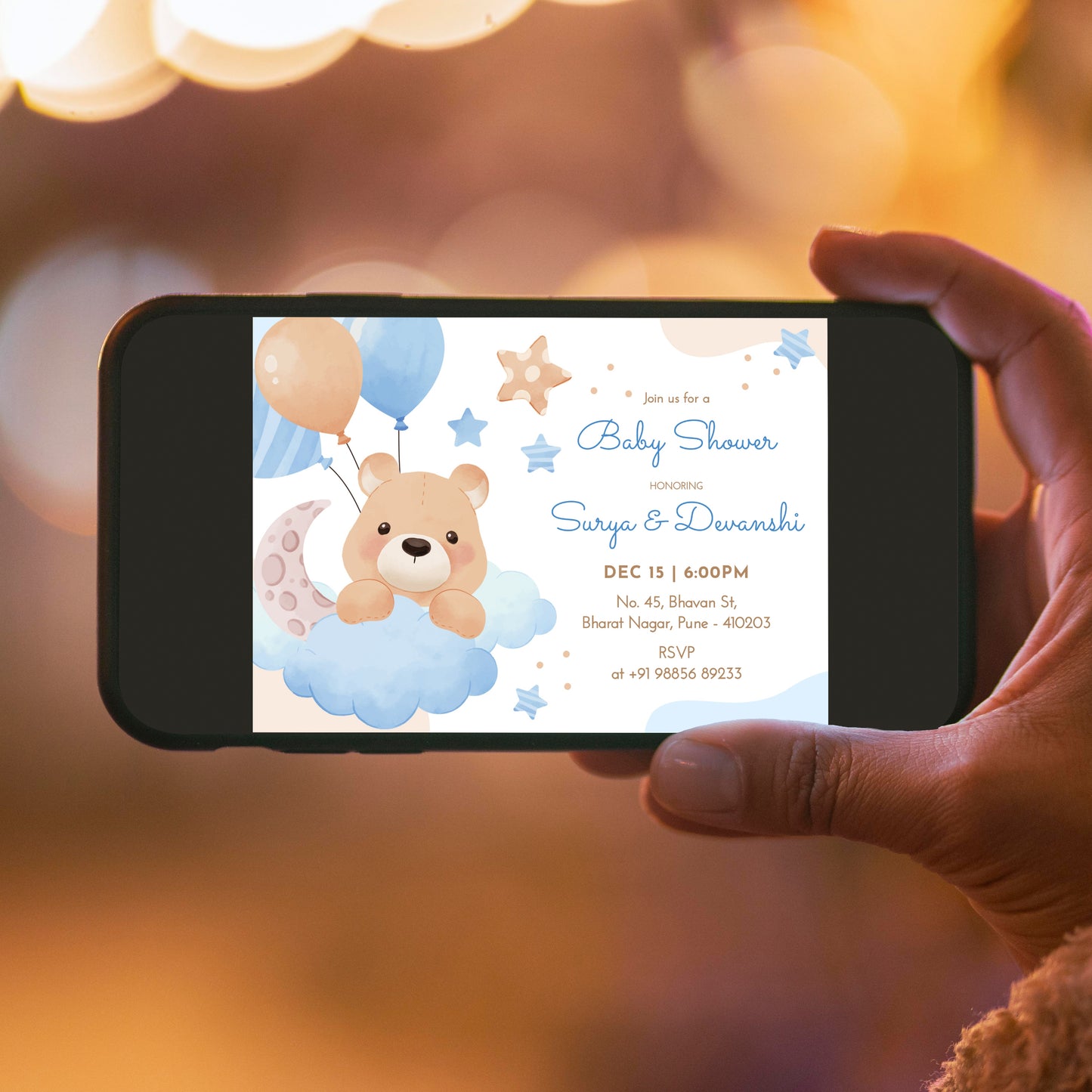 Blue Teddy Baby Shower Invitation Template, Printable Invitation, Gender reveal, Evite, Digital Invite, Edit yourself, Corjl – BS0075