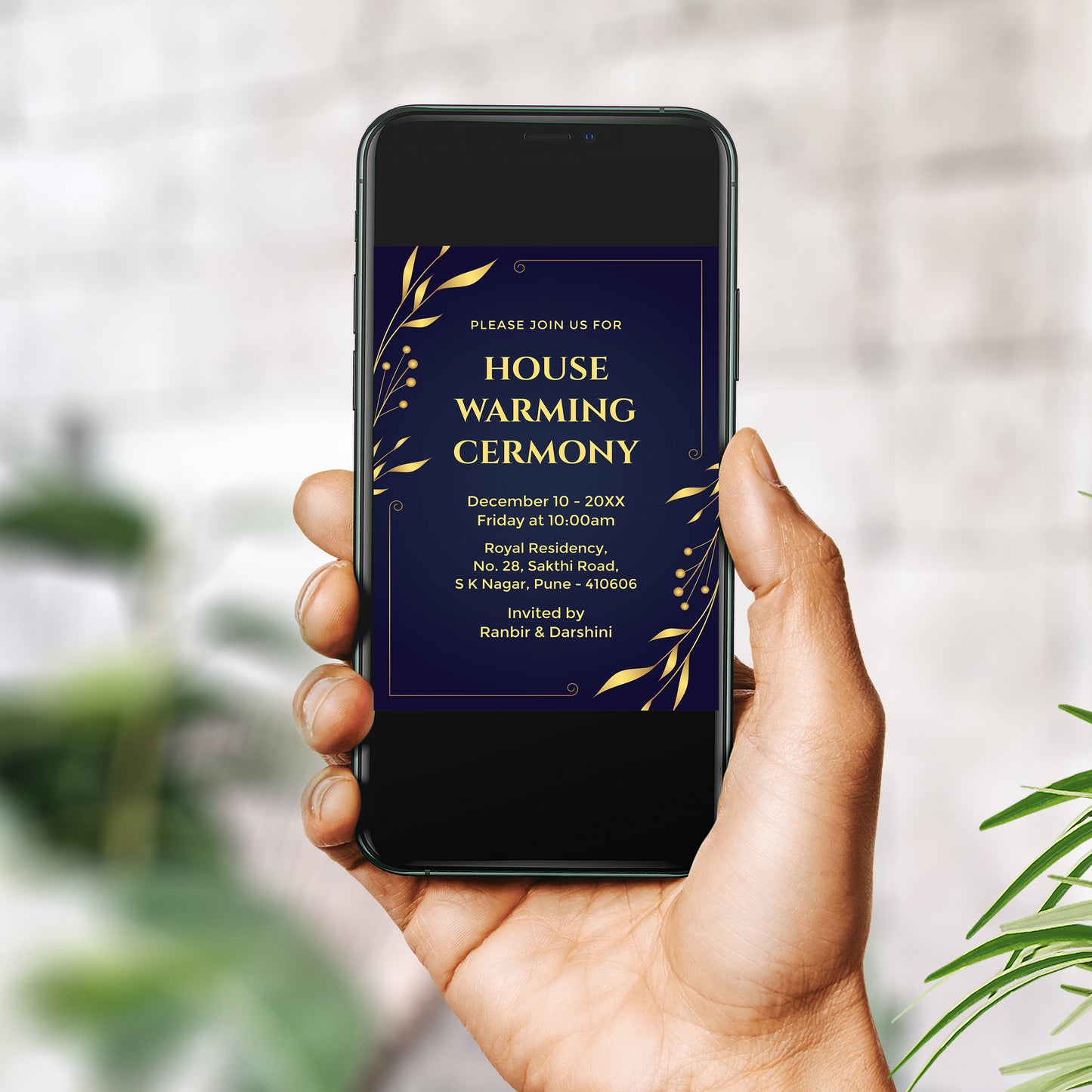 Gold Blue Floral House Warming Invitation Template, Printable Invitation, Evite, Digital Housewarming Invite, Edit yourself, Corjl – HW0014