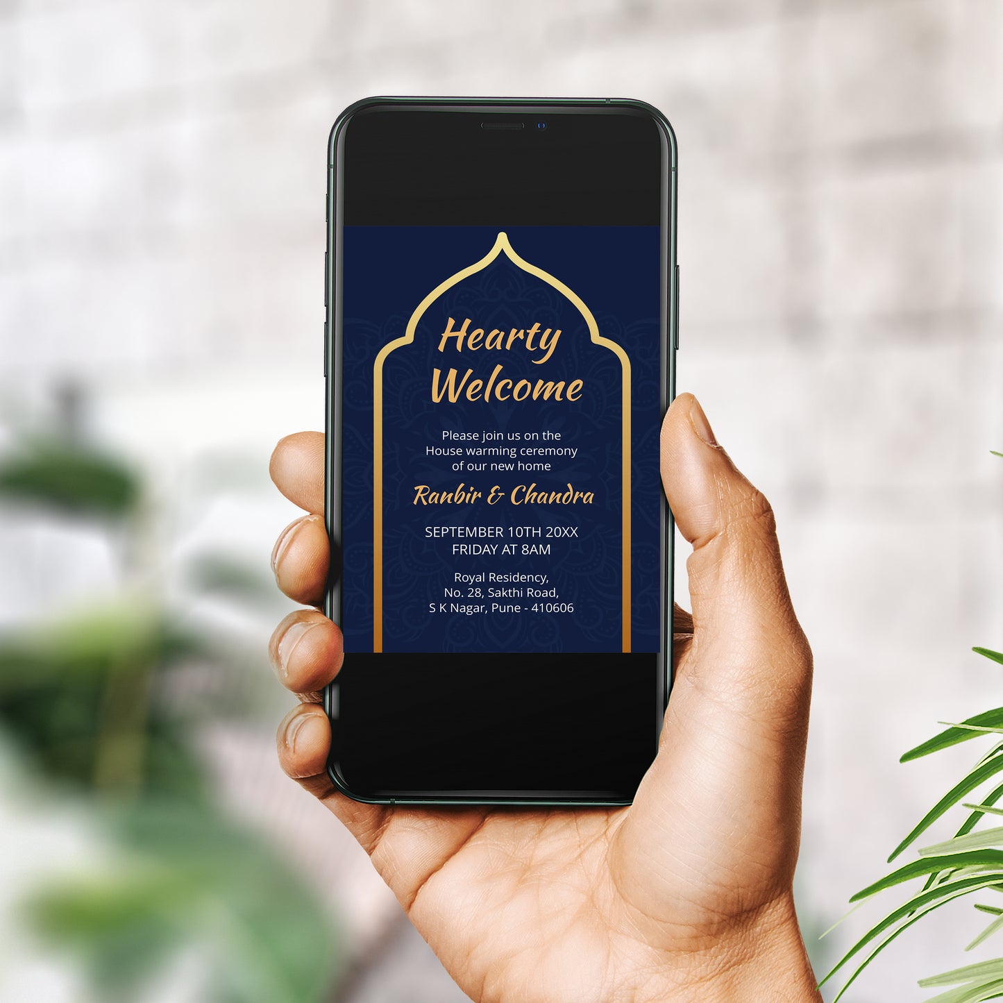 Blue Indian Traditional House Warming Invitation Template, Printable Invitation, Evite, Digital Housewarming Invite, Edit yourself, Corjl – HW0020