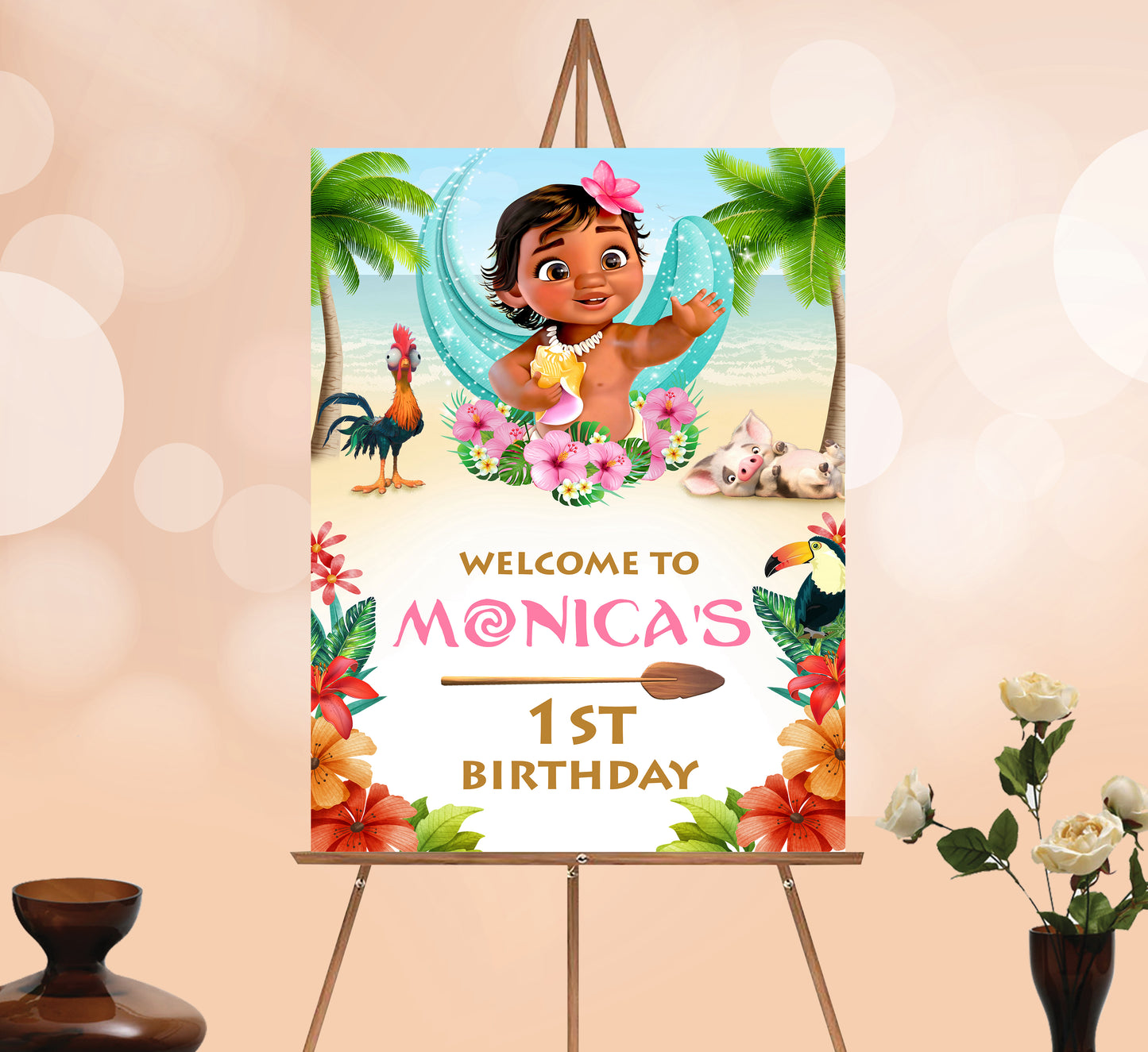 Baby Moana Birthday Welcome Sign, Printable Sign Board, Girl Birthday, Digital Download, Edit yourself, Corjl 0004