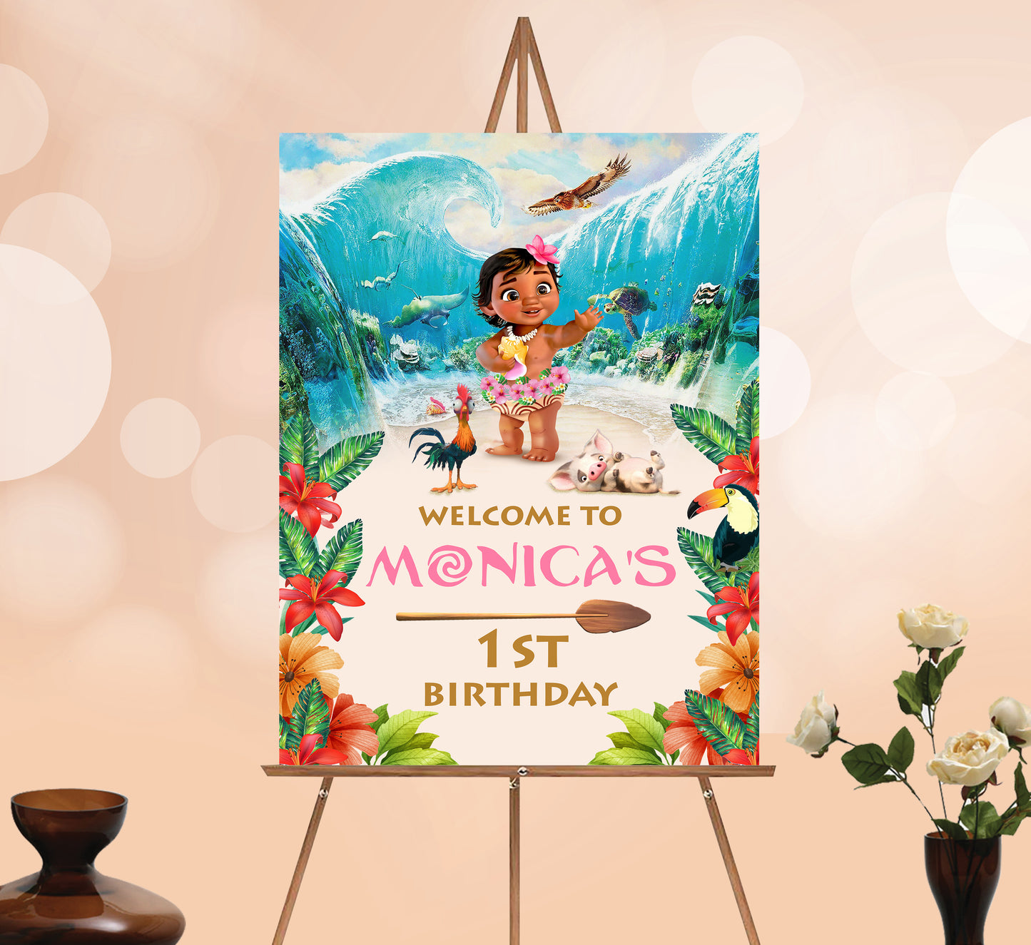 Baby Moana Birthday Welcome Sign, Printable Sign Board, Girl Birthday, Digital Download, Edit yourself, Corjl 0003