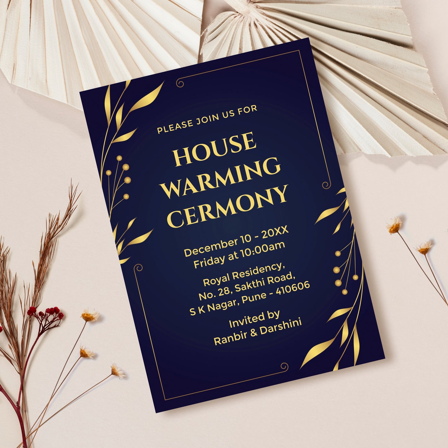 Gold Blue Floral House Warming Invitation Template, Printable Invitation, Evite, Digital Housewarming Invite, Edit yourself, Corjl – HW0014