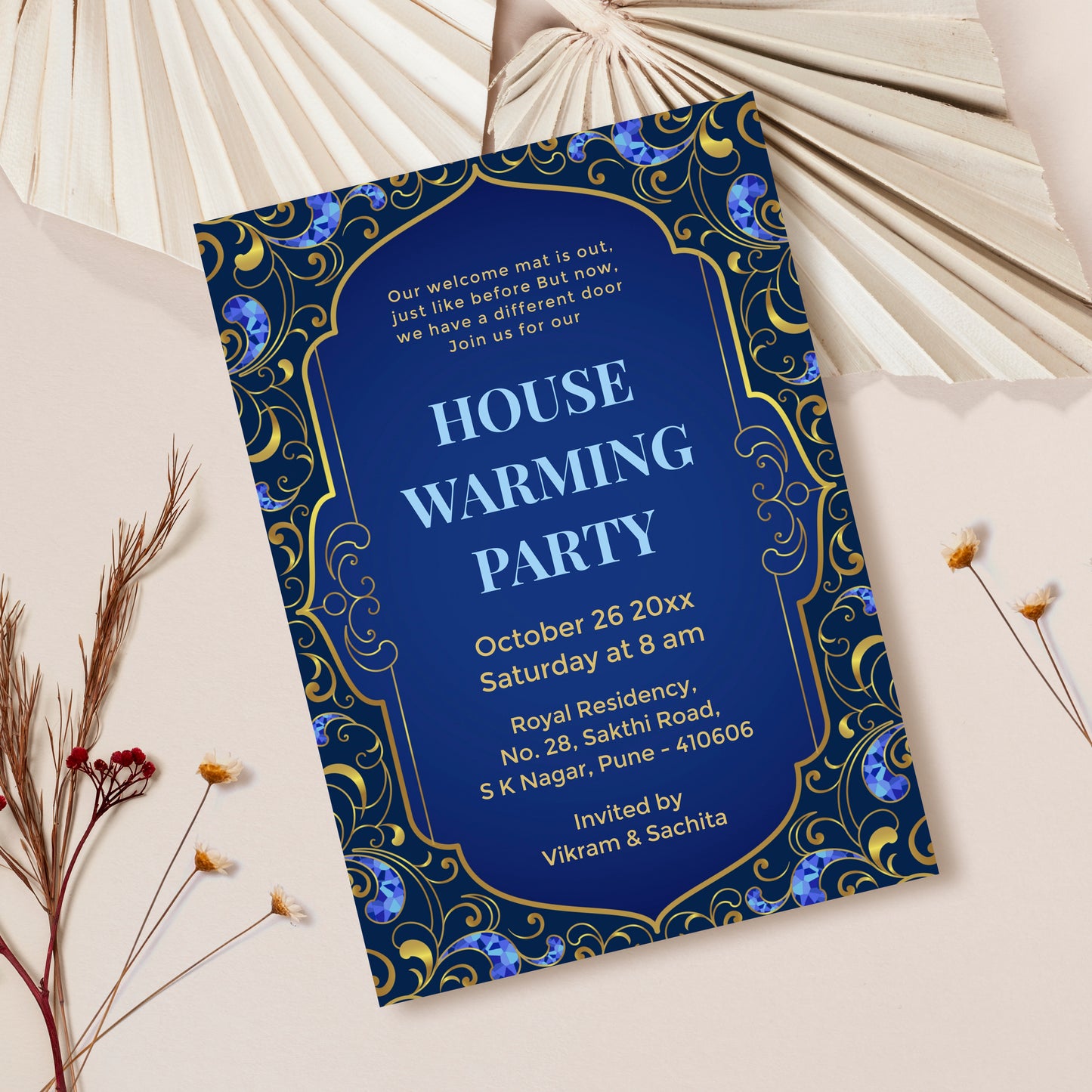 Elegant Blue Floral House Warming Invitation Template, Printable Invitation, Evite, Digital Housewarming Invite, Edit yourself, Corjl – HW0019