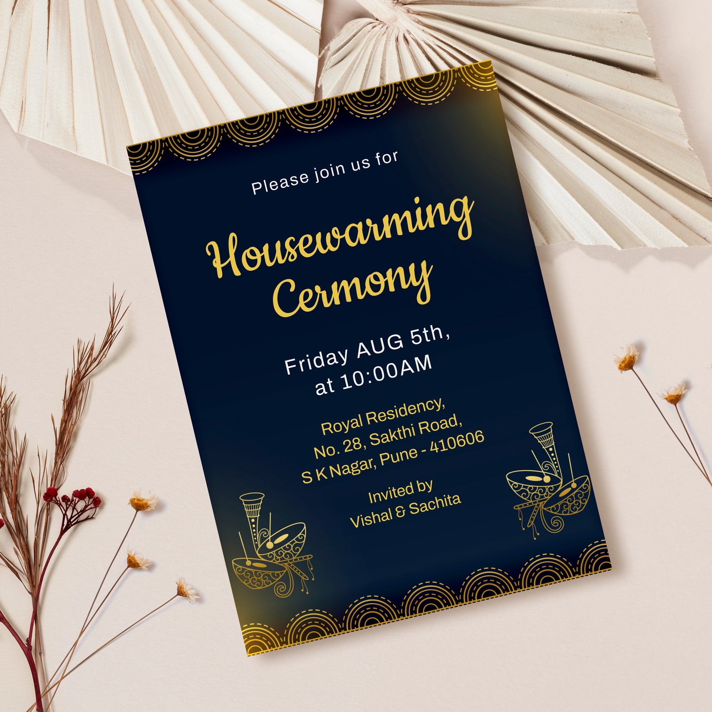 Golden Blue House Warming Invitation Template, Printable Invitation, Evite, Digital Housewarming Invite, Edit yourself, Corjl – HW0006