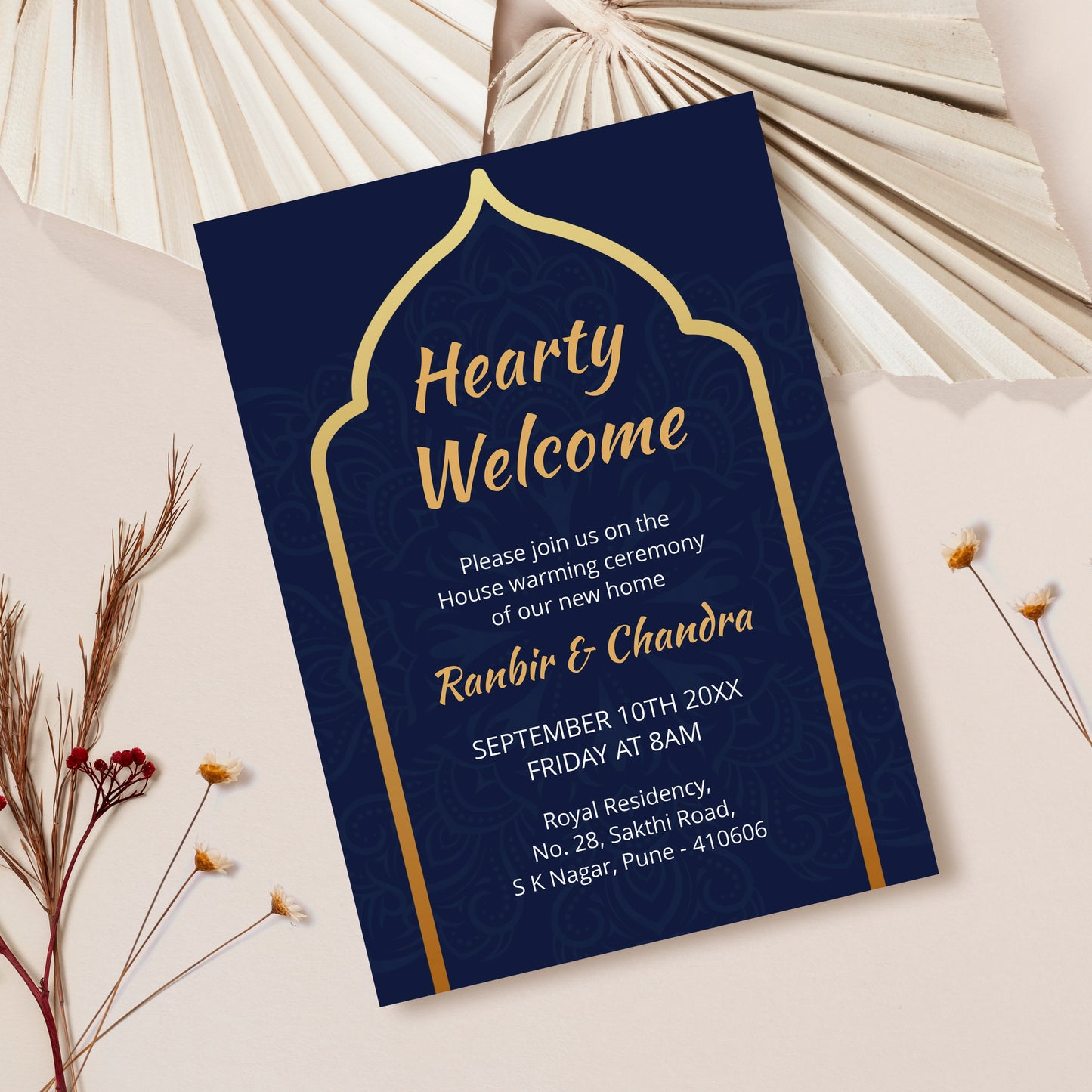 Blue Indian Traditional House Warming Invitation Template, Printable Invitation, Evite, Digital Housewarming Invite, Edit yourself, Corjl – HW0020