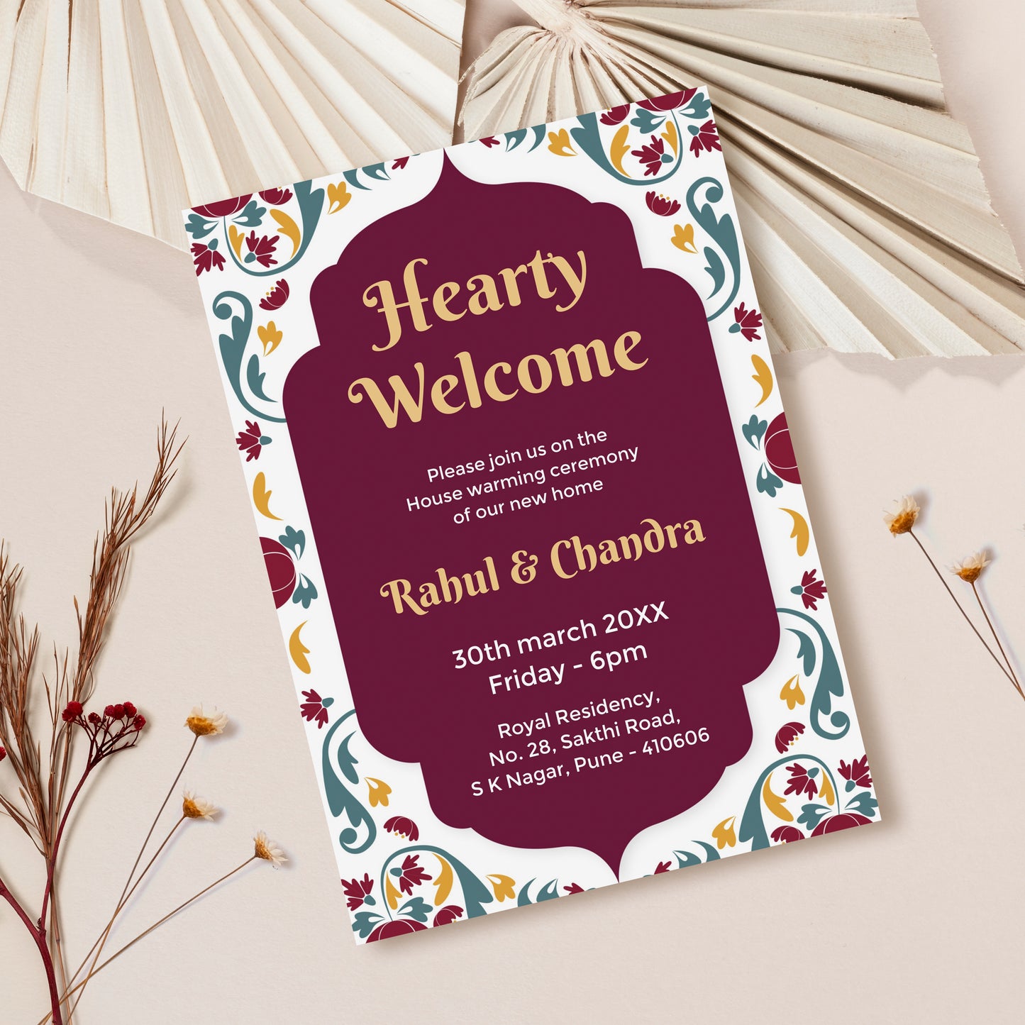 Burgundy Floral House Warming Invitation Template, Printable Invitation, Evite, Digital Housewarming Invite, Edit yourself, Corjl – HW0021