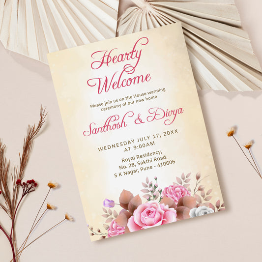 Peach Rose Floral House Warming Invitation Template, Printable Invitation, Evite, Digital Housewarming Invite, Edit yourself, Corjl – HW0011