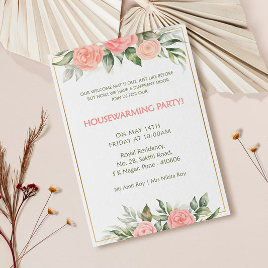 Pink Rose Green House Warming Invitation Template, Printable Invitation, Evite, Digital Housewarming Invite, Edit yourself, Corjl – HW0002