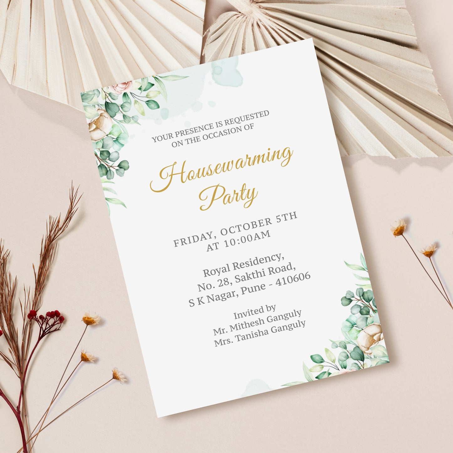 Green Floral House Warming Invitation Template, Printable Invitation, Evite, Digital Housewarming Invite, Edit yourself, Corjl – HW0008