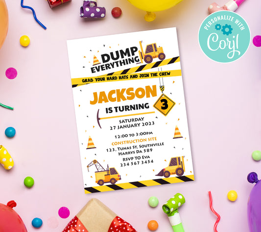 Construction Birthday Invitation Template, Printable Invitation, Boy Birthday, Evite, Digital Invite, Edit yourself Corjil 0008