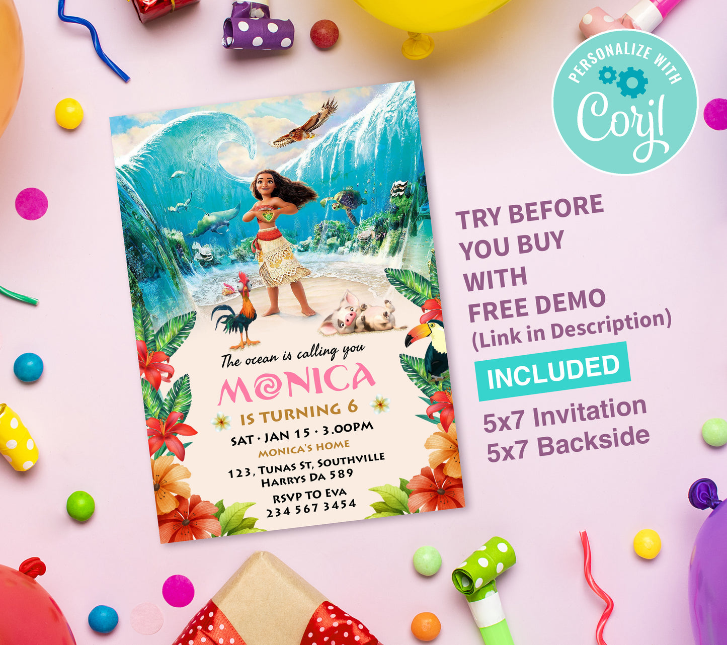 Big Moana Birthday Invitation Template, Printable Invitation, Girl Birthday, Evite, Digital Invite, Edit yourself Corjil 0005