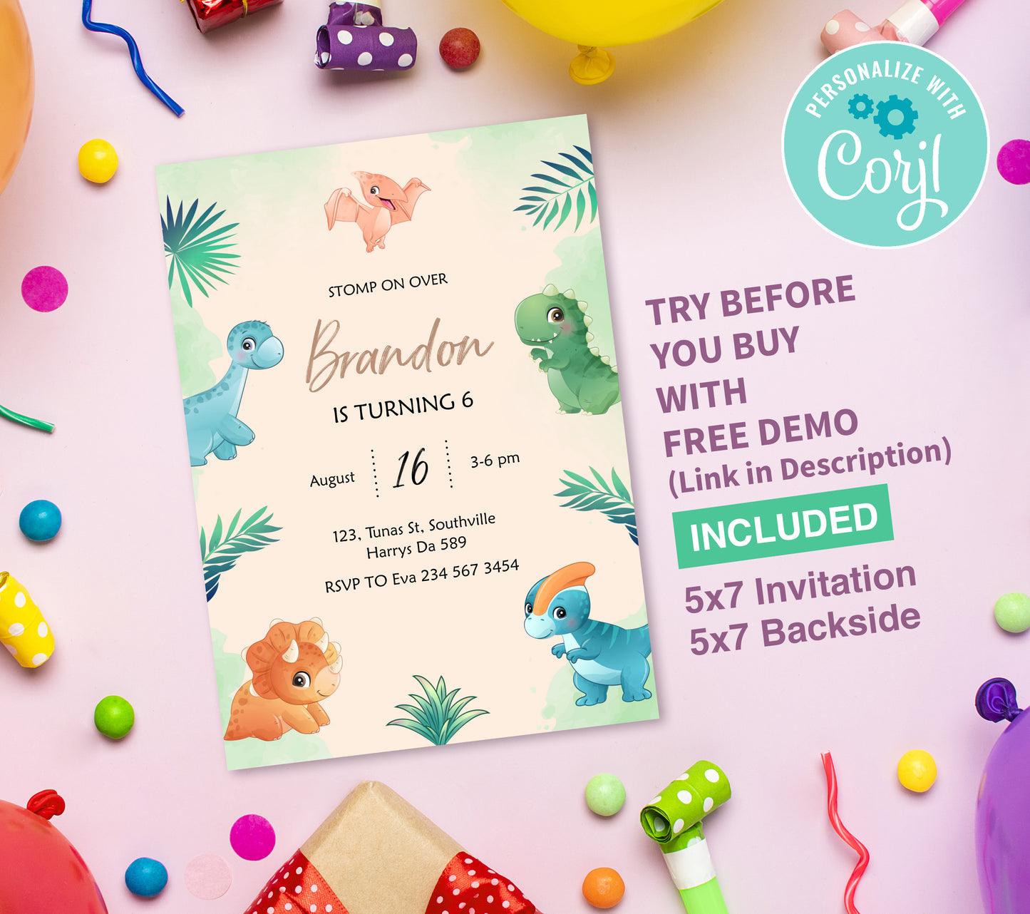 Baby Dino Birthday Invitation Template, Printable Invitation, Boy Birthday, Evite, Digital Invite, Edit yourself Corjl0278