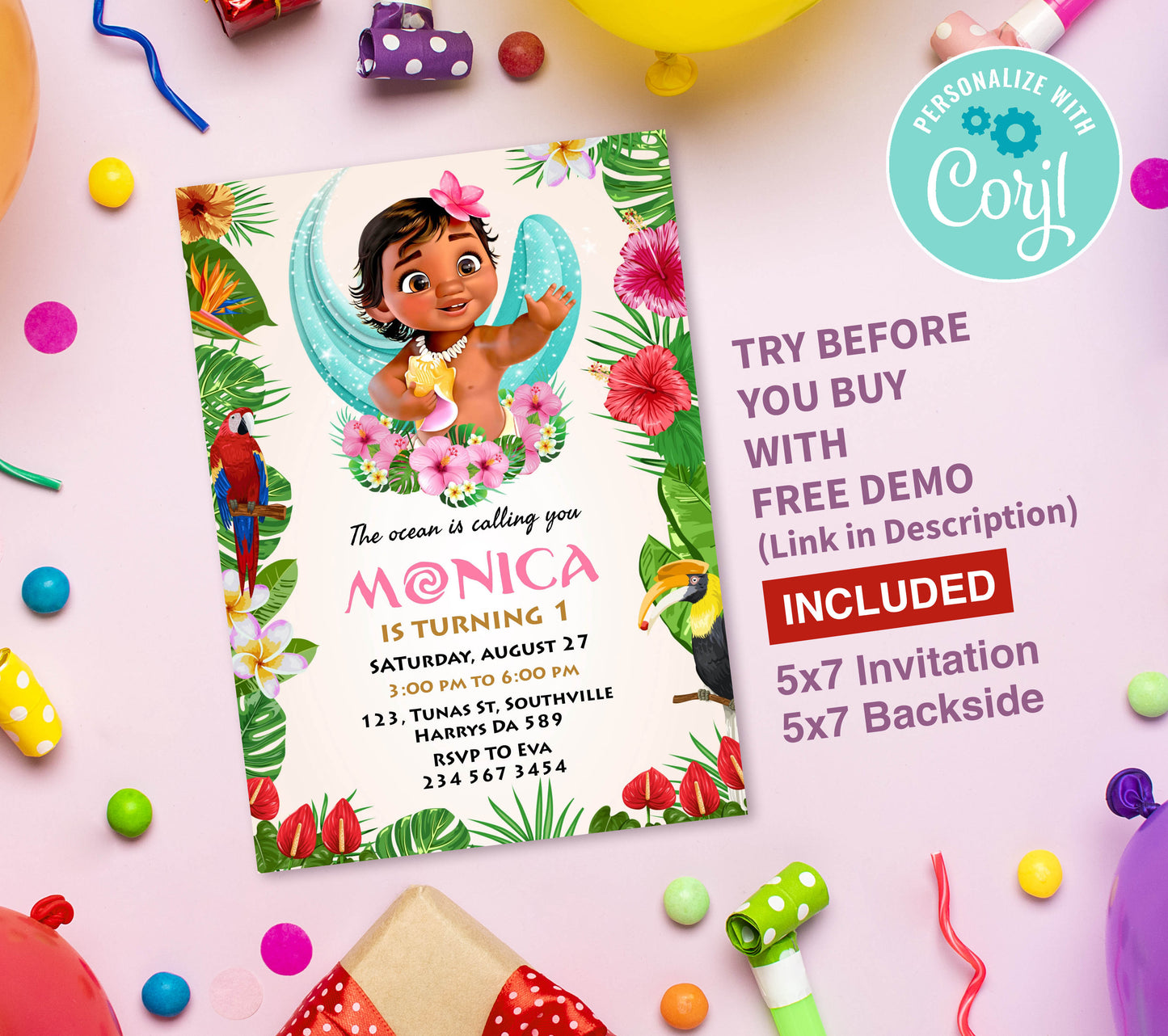 Baby Moana Birthday Invitation Template, Printable Invitation, Girl Birthday, Evite, Digital Invite, Edit yourself Corjil 0136