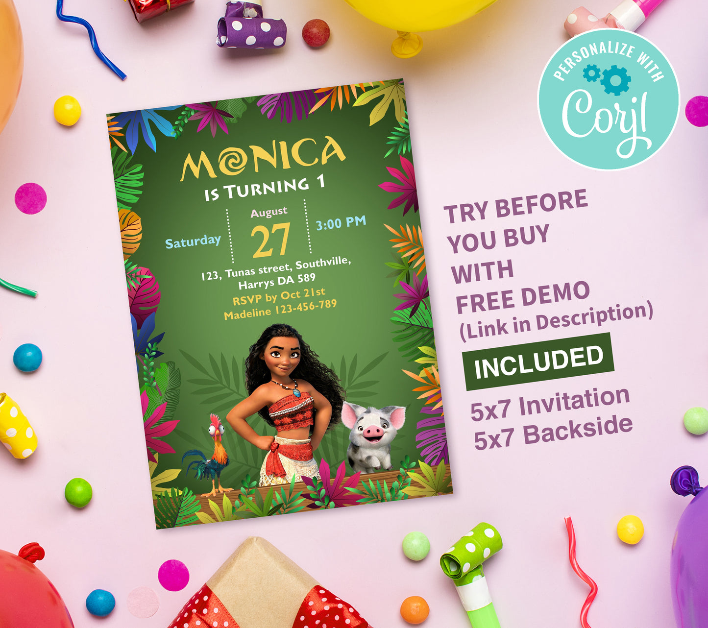 Big Moana Birthday Invitation Template, Printable Invitation, Girl Birthday, Evite, Digital Invite, Edit yourself Corjil 0150