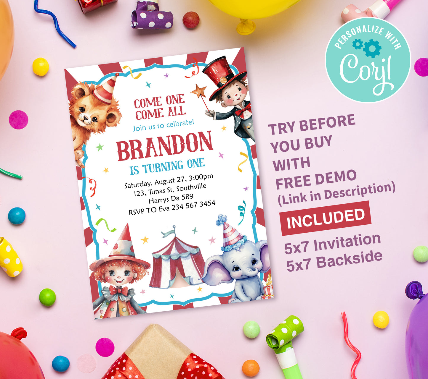 Circus Birthday Invitation Template, Printable Invitation, Girl Birthday, Evite, Digital Invite, Edit yourself Corjil 0269