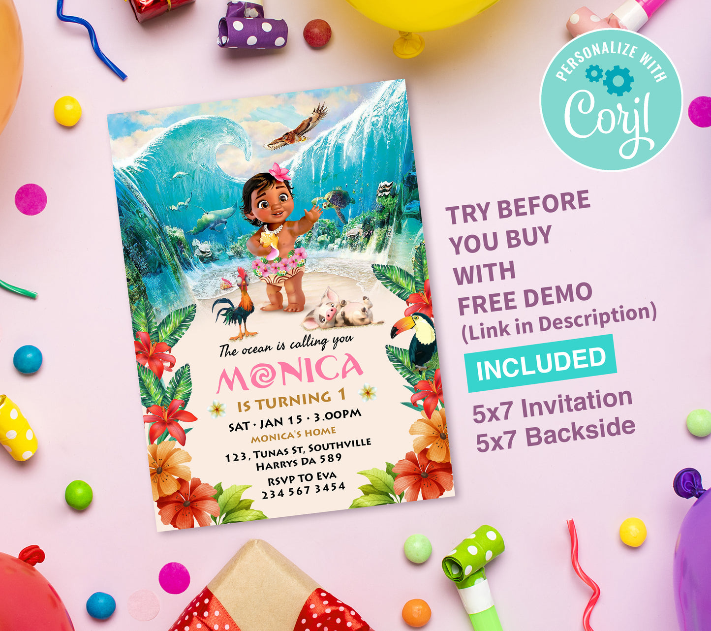Baby Moana Birthday Invitation Template, Printable Invitation, Girl Birthday, Evite, Digital Invite, Edit yourself Corjil 0003