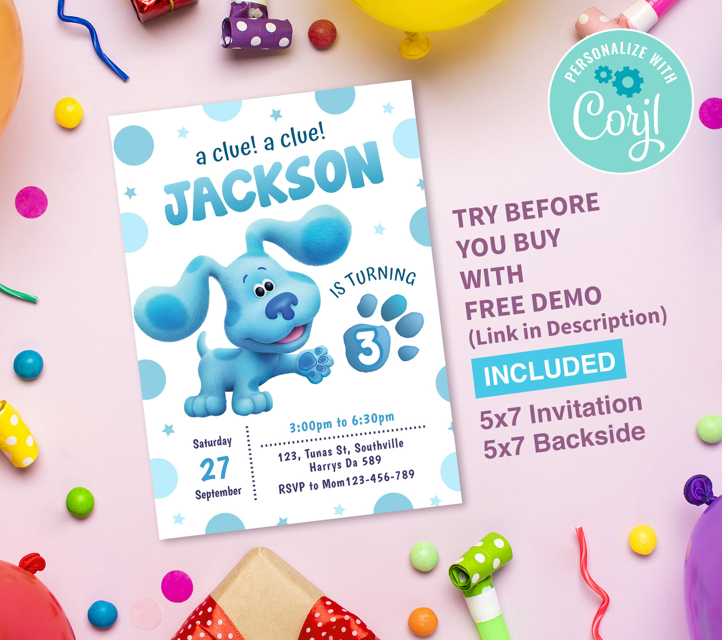 Blue Clues Birthday Invitation Template, Printable Invitation, Boy Birthday, Evite, Digital Invite, Edit yourself Corjil 0291