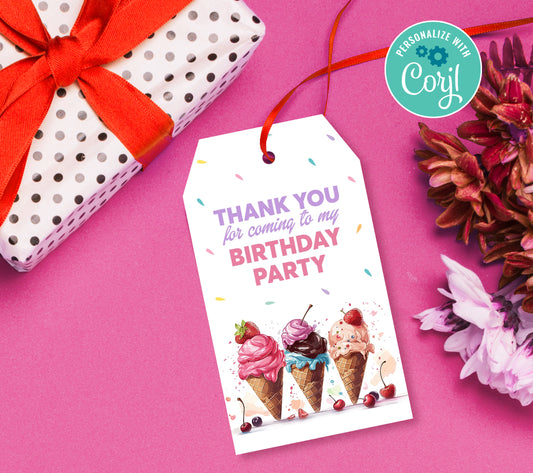 Ice Cream Favor Tag, Birthday Editable Favor Tag, DIY Editable Thank You Tag, Favor Tags, Edit yourself, Corjl - 0282
