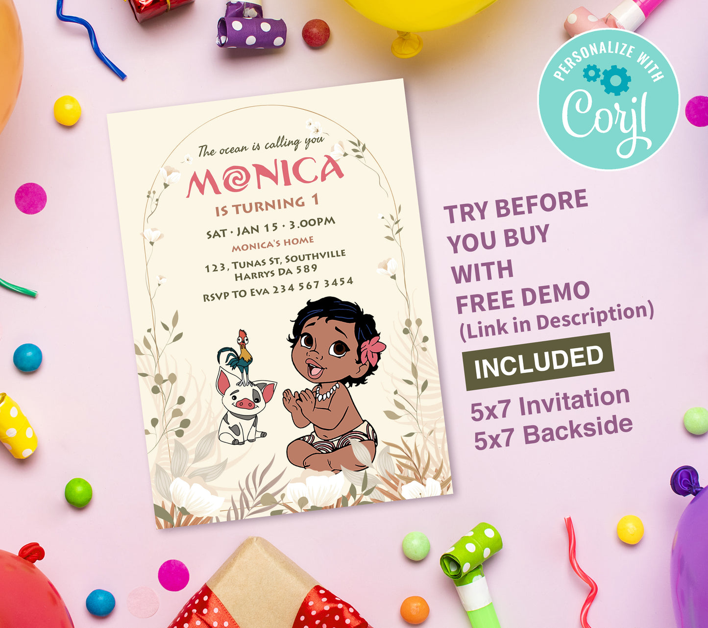Baby Moana Birthday Invitation Template, Printable Invitation, Girl Birthday, Evite, Digital Invite, Edit yourself, Corjil 0075