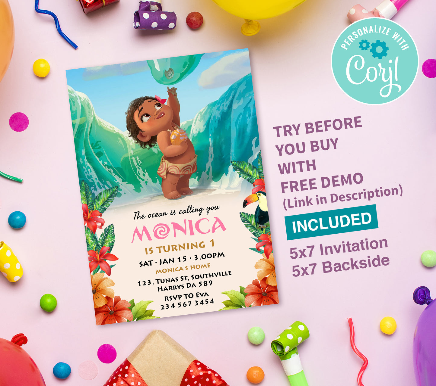 Baby Moana Birthday Invitation Template, Printable Invitation, Girl Birthday, Evite, Digital Invite, Edit yourself Corjil 0073