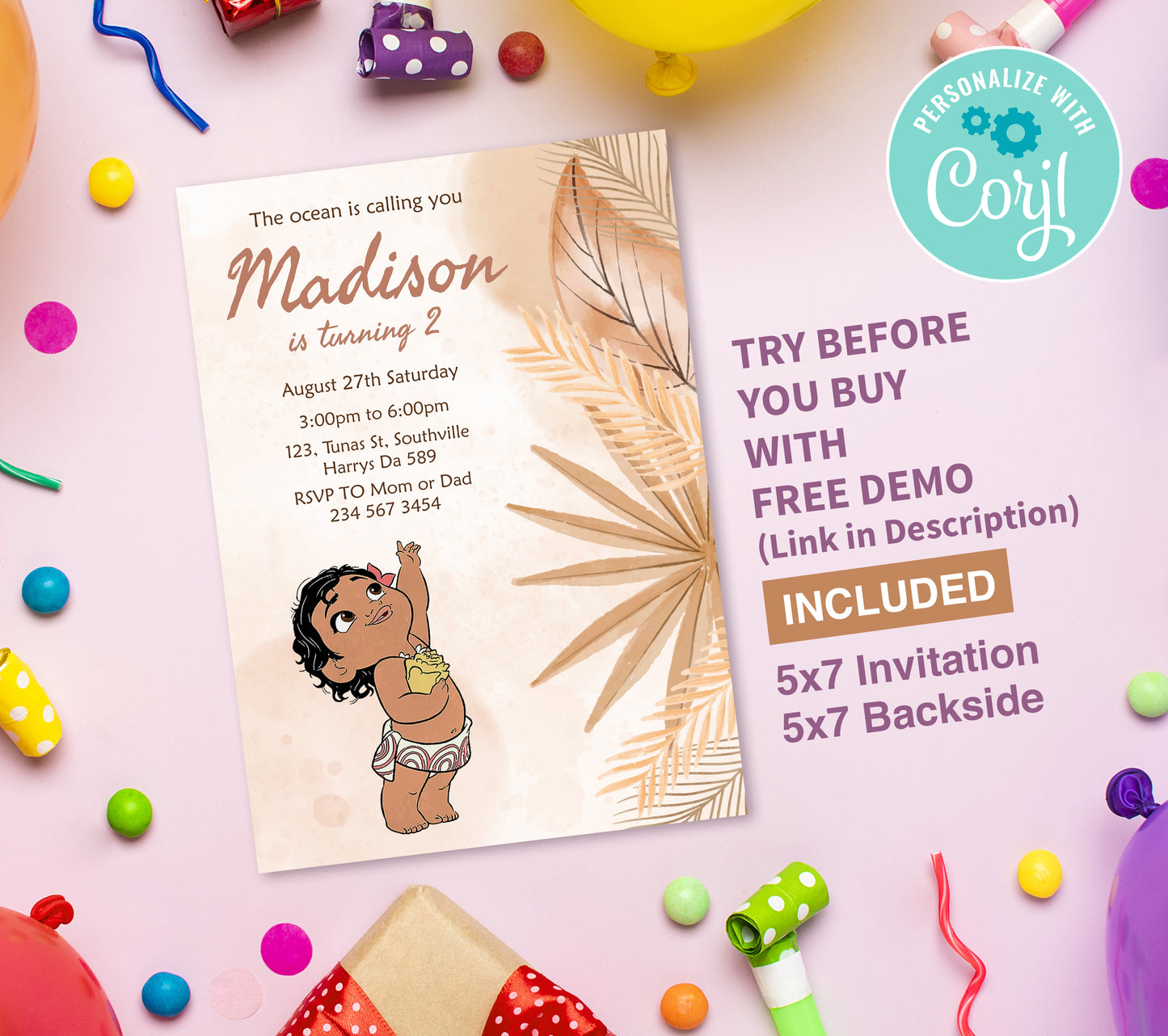 Baby Moana Birthday Invitation Template, Printable Invitation, Girl Birthday, Evite, Digital Invite, Edit yourself Corjil 0076