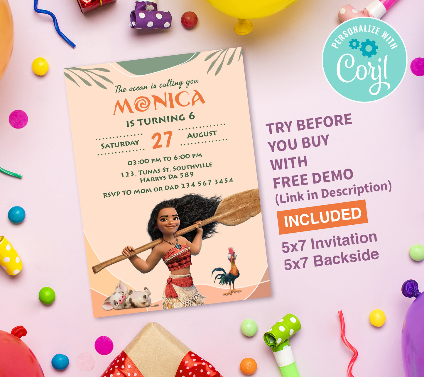 Big Moana Birthday Invitation Template, Printable Invitation, Girl Birthday, Evite, Digital Invite, Edit yourself, Corjil 0074