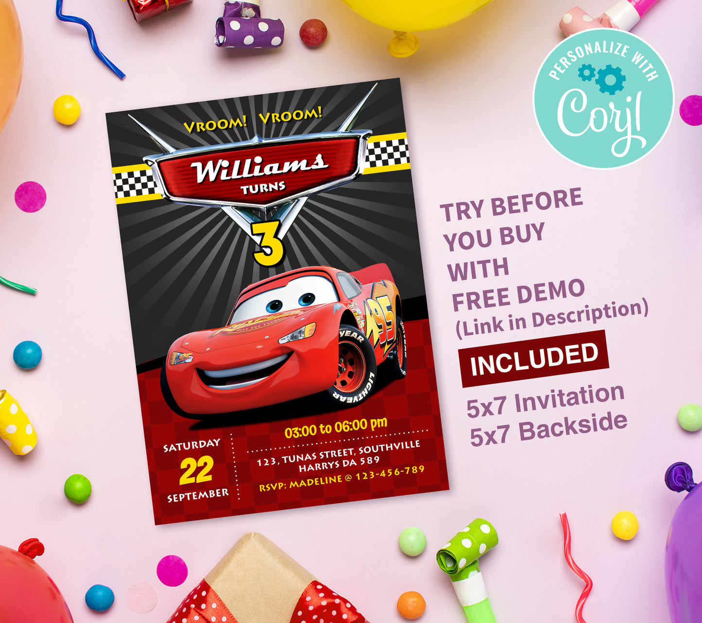Cars Birthday Invitation Template, Printable Invitation, Girl Birthday, Evite, Digital Invite, Edit yourself Corjil 0015