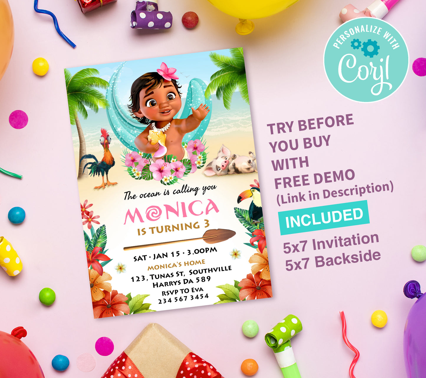Baby Moana Birthday Invitation Template, Printable Invitation, Girl Birthday, Evite, Digital Invite, Edit yourself Corjil 0004